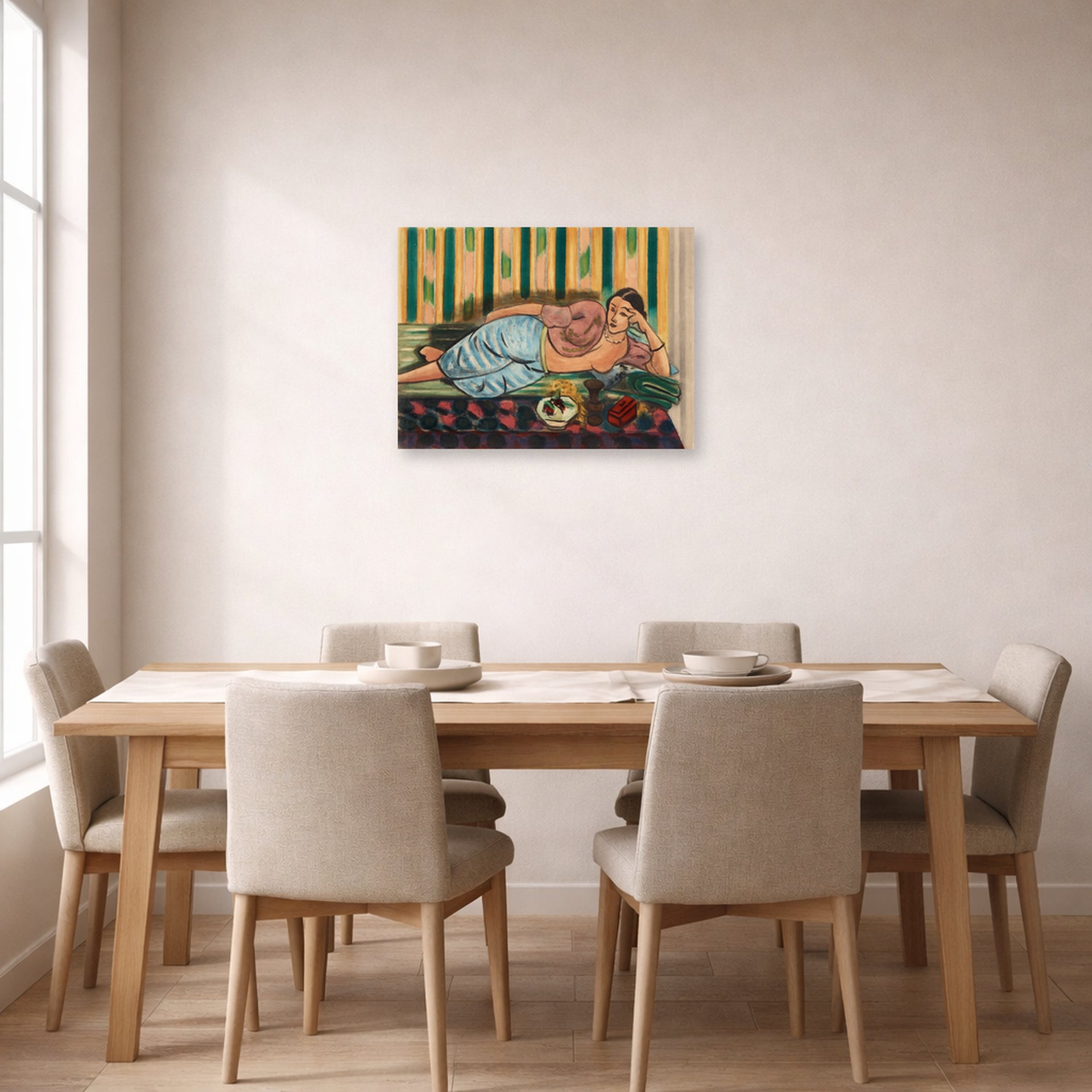 Unframed poster print of Henri Matisse's Odalisque Au Coffret Rouge displayed on a dining room wall