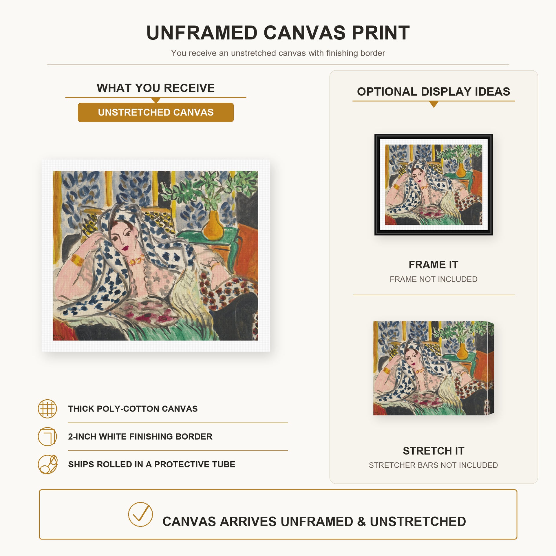 Henri Matisse - Odalisque Au Fauteuil Noir canvas print size comparison and framing display infographic