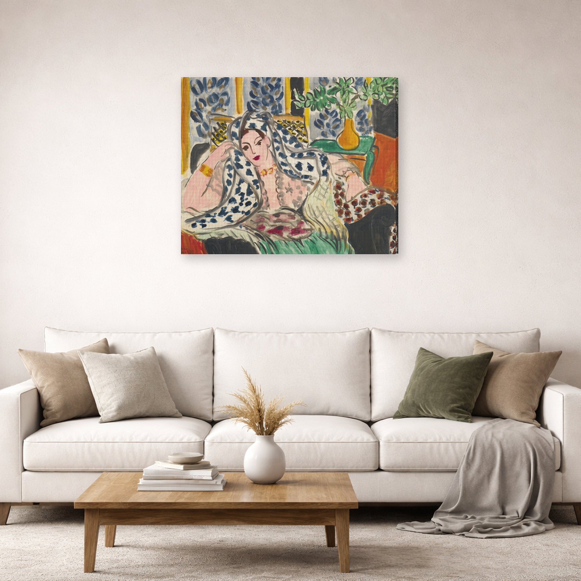 Gallery-wrapped canvas print of Henri Matisse's Odalisque Au Fauteuil Noir hanging in a living room, view 2