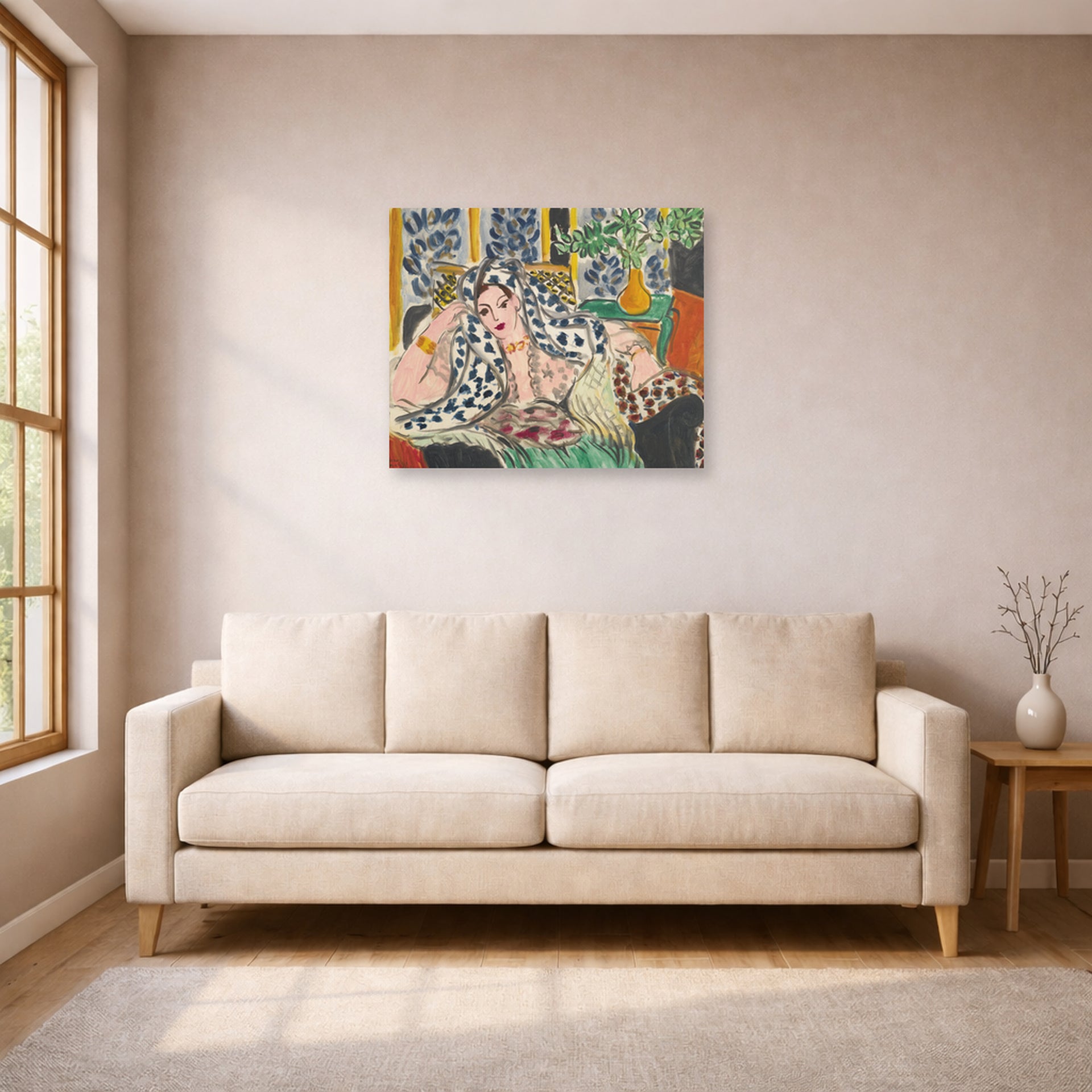 Unframed poster print of Henri Matisse's Odalisque Au Fauteuil Noir displayed in a living room, view 1