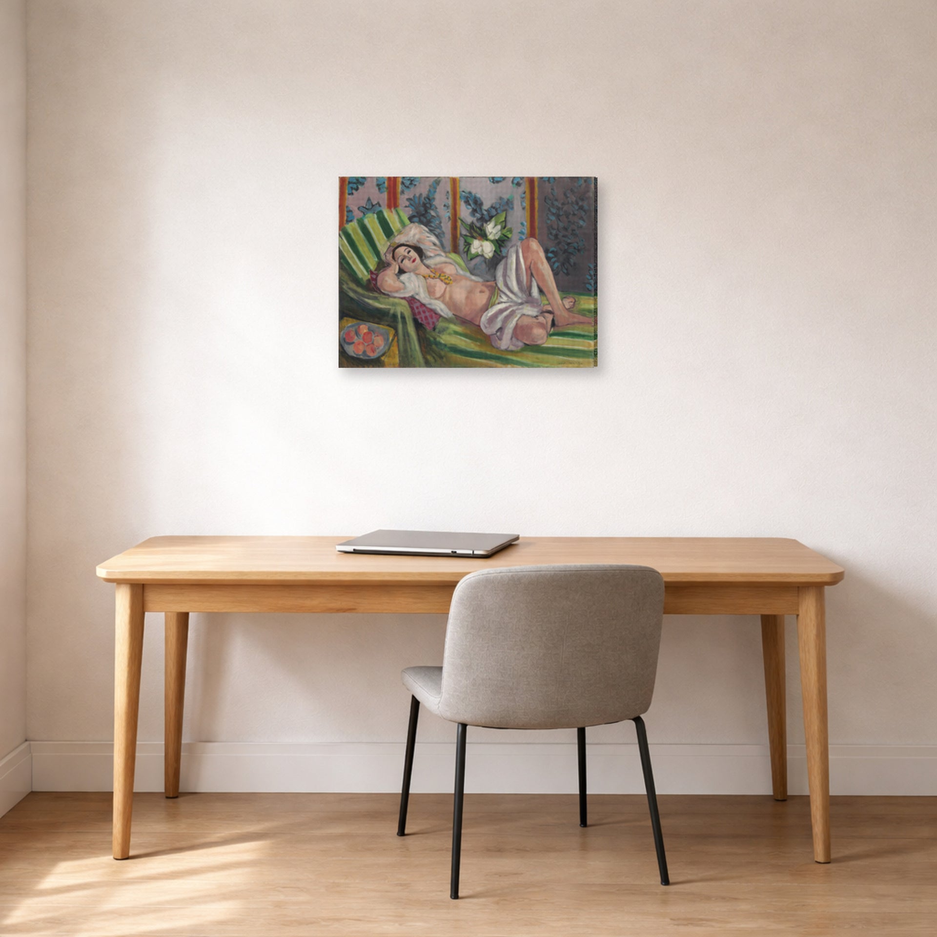 Gallery-wrapped canvas print of Henri Matisse's Odalisque Couchee Aux Magnolias hanging in a home office