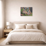 Unframed poster print of Henri Matisse's Odalisque Couchee Aux Magnolias displayed above a bed in a bedroom