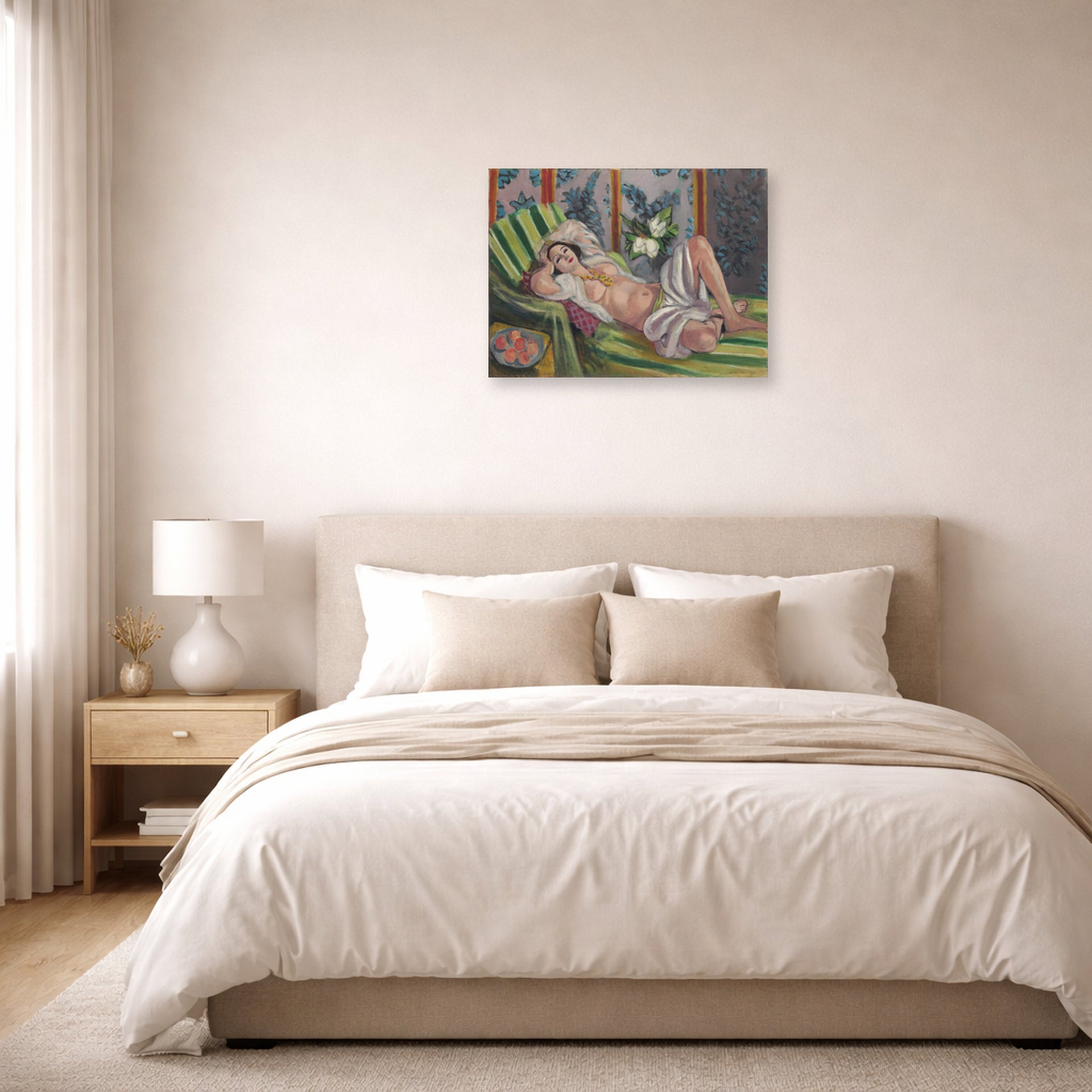 Unframed poster print of Henri Matisse's Odalisque Couchee Aux Magnolias displayed above a bed in a bedroom