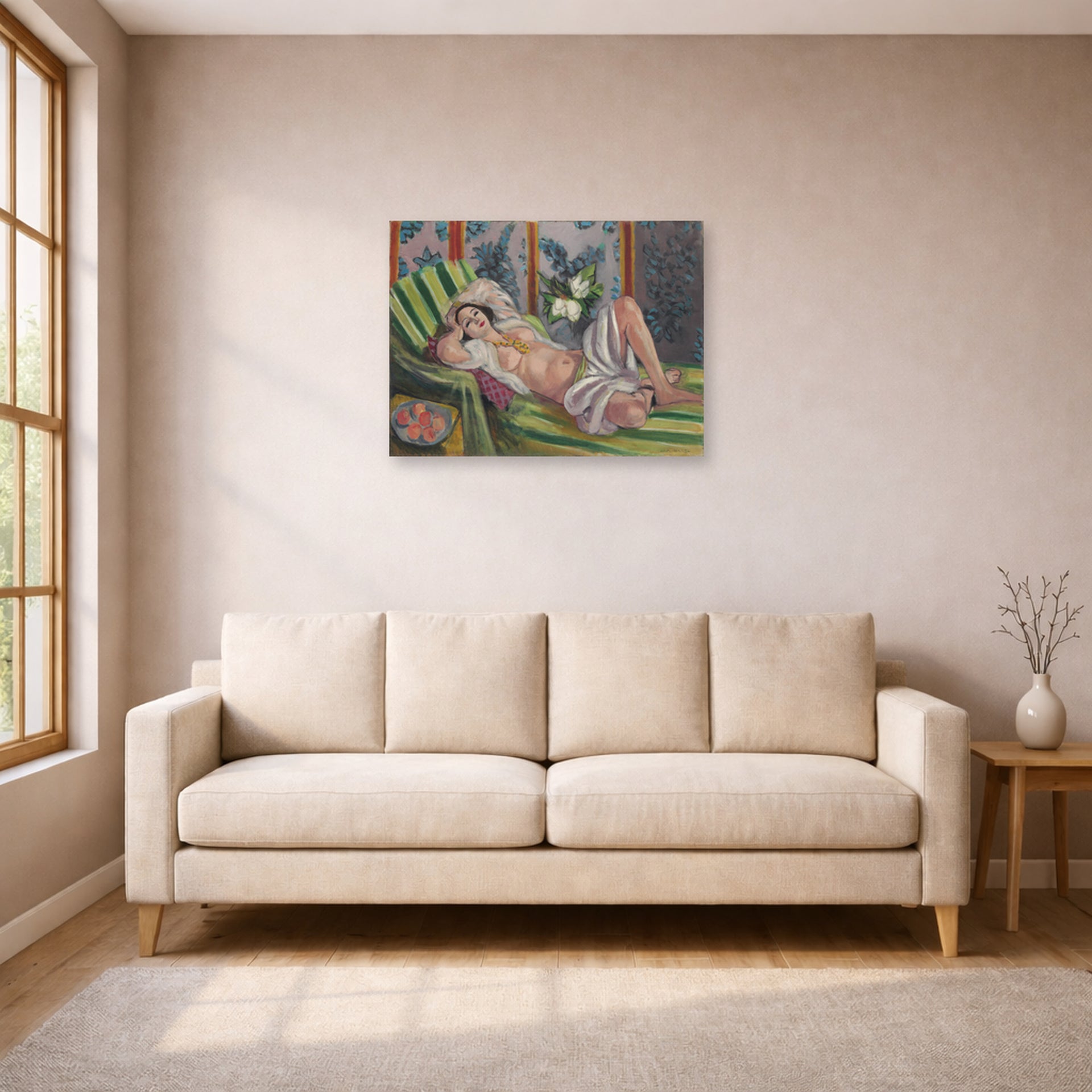Unframed poster print of Henri Matisse's Odalisque Couchee Aux Magnolias displayed in a living room, view 1