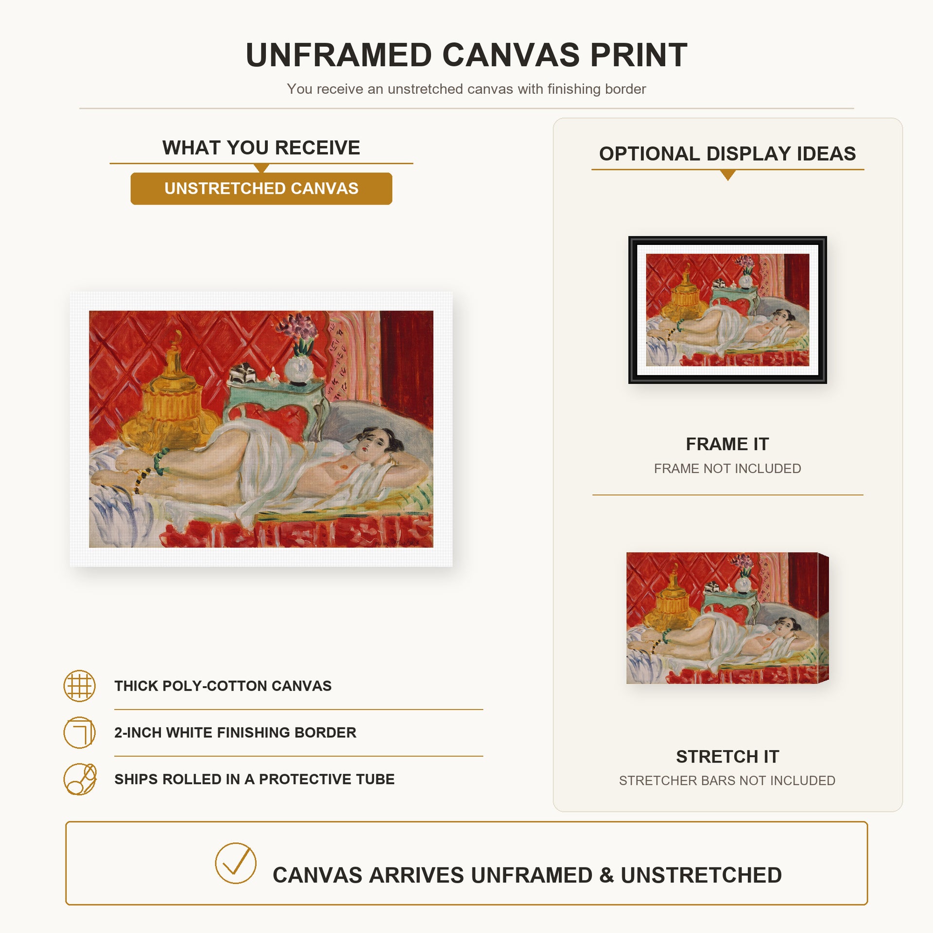 Henri Matisse - Odalisque, Harmony in Red canvas print size comparison and framing display infographic