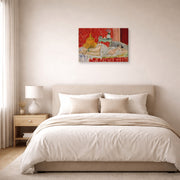 Gallery-wrapped canvas print of Henri Matisse's Odalisque, Harmony in Red hanging above a bed in a bedroom