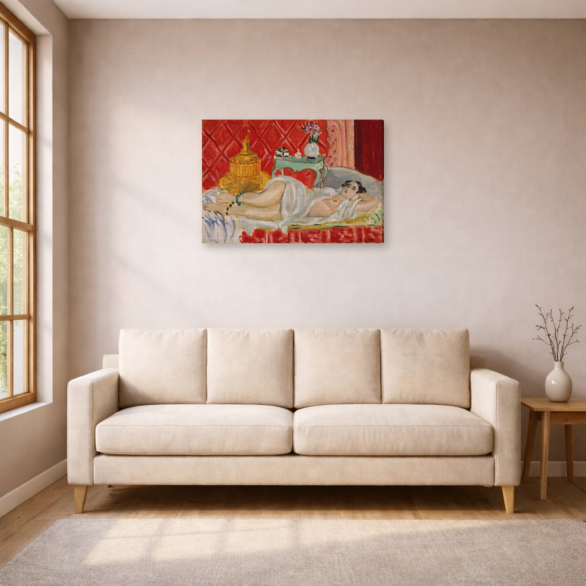 Gallery-wrapped canvas print of Henri Matisse's Odalisque, Harmony in Red hanging in a living room, view 1