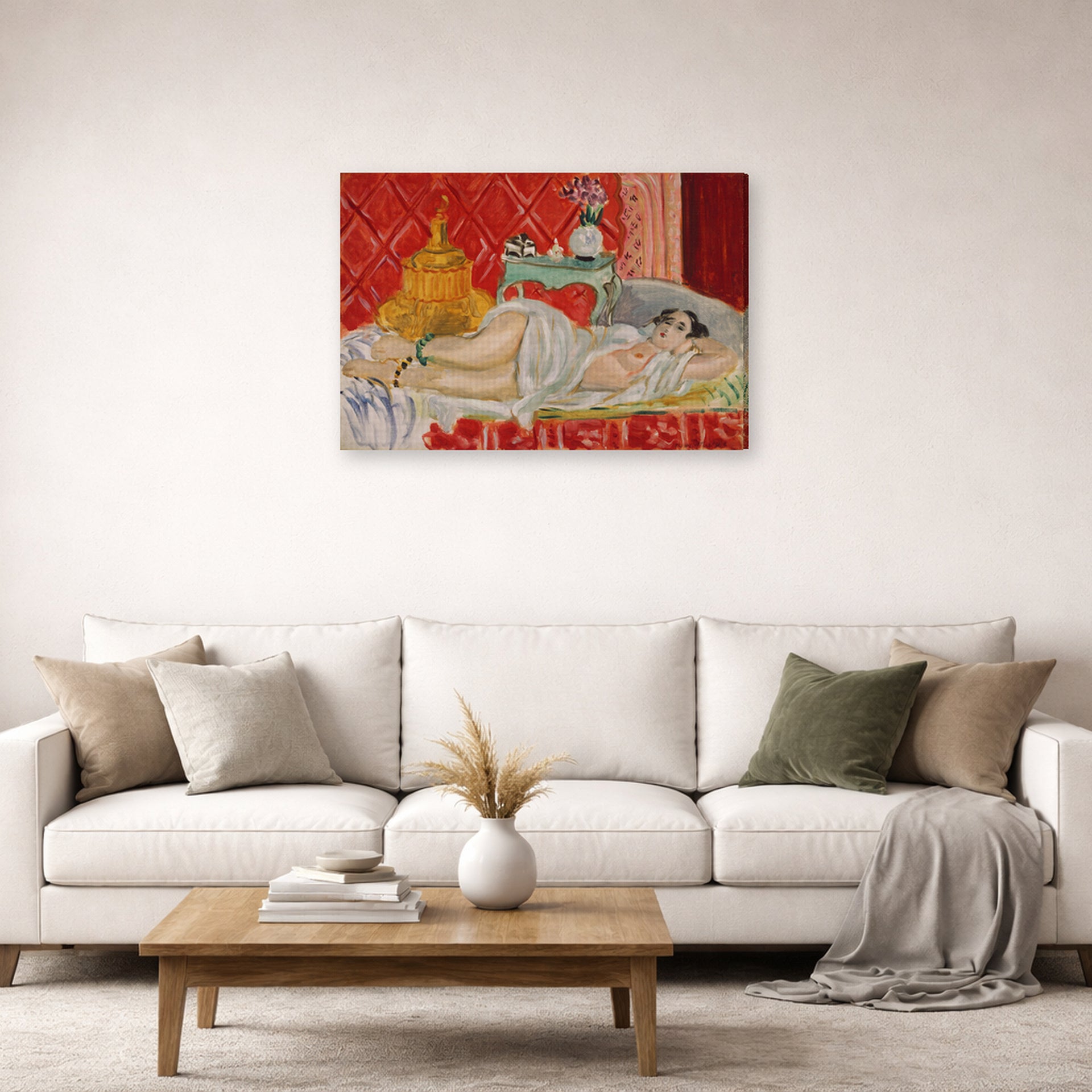 Gallery-wrapped canvas print of Henri Matisse's Odalisque, Harmony in Red hanging in a living room, view 2