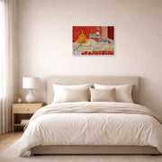 Unframed poster print of Henri Matisse's Odalisque, Harmony in Red displayed above a bed in a bedroom