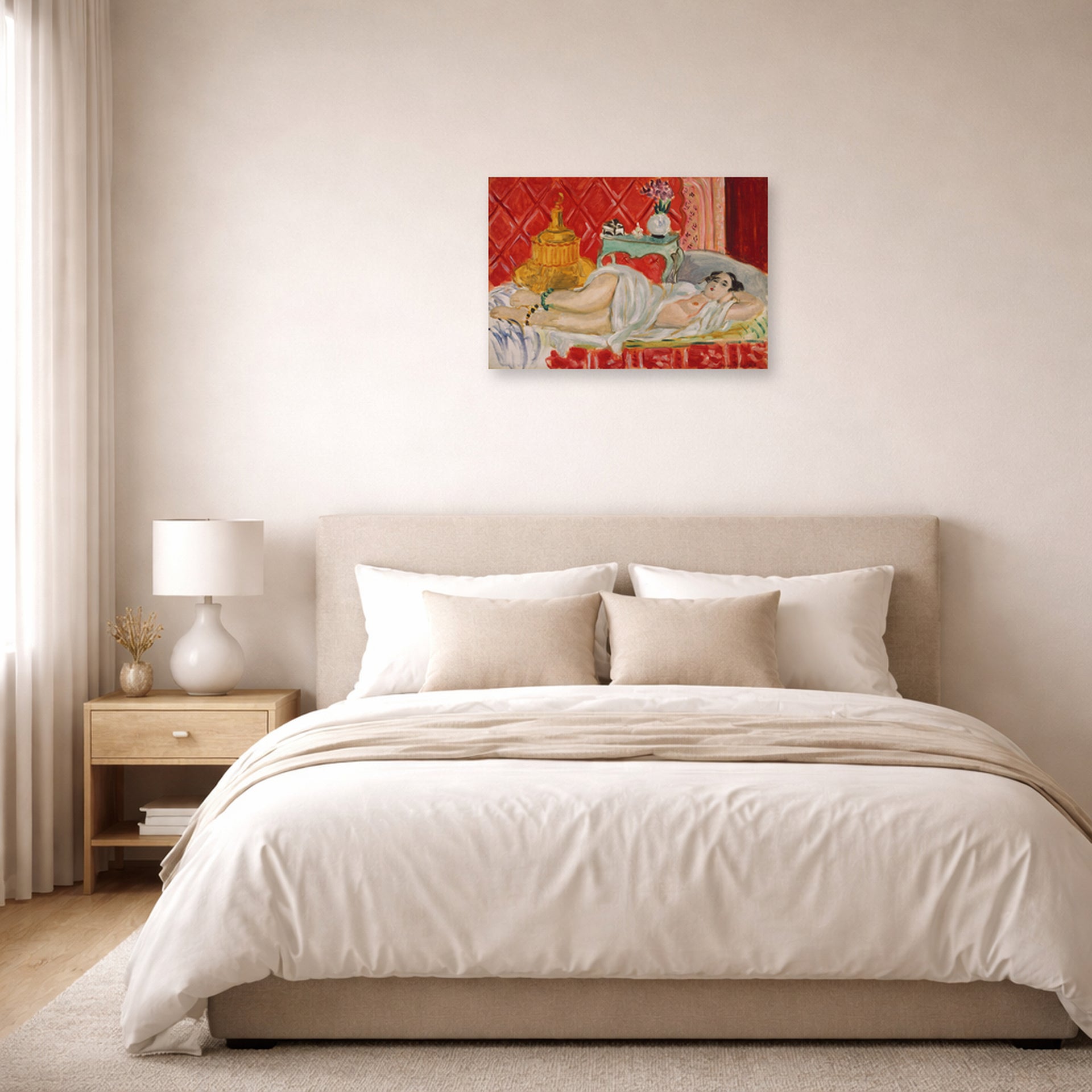 Unframed poster print of Henri Matisse's Odalisque, Harmony in Red displayed above a bed in a bedroom