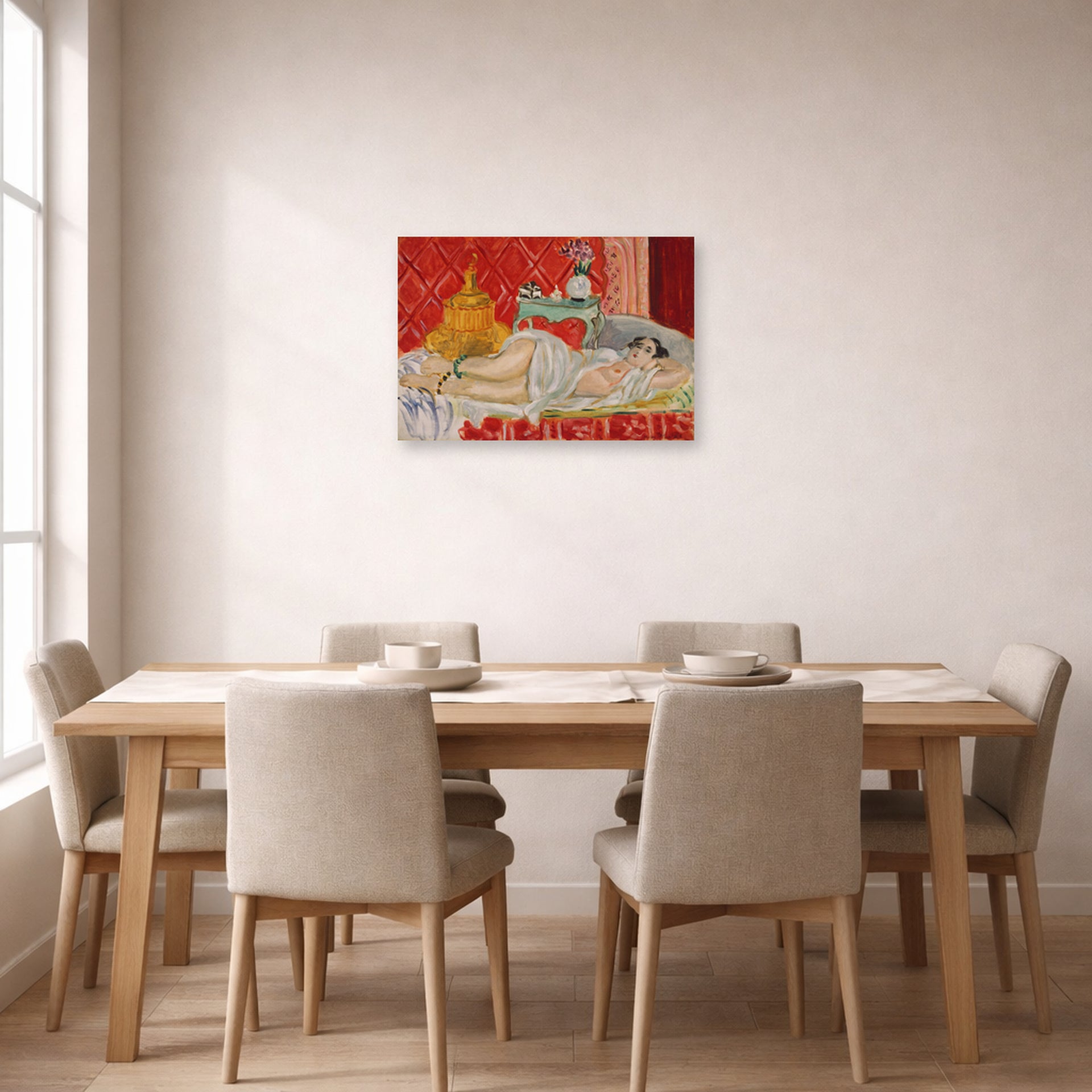 Unframed poster print of Henri Matisse's Odalisque, Harmony in Red displayed on a dining room wall