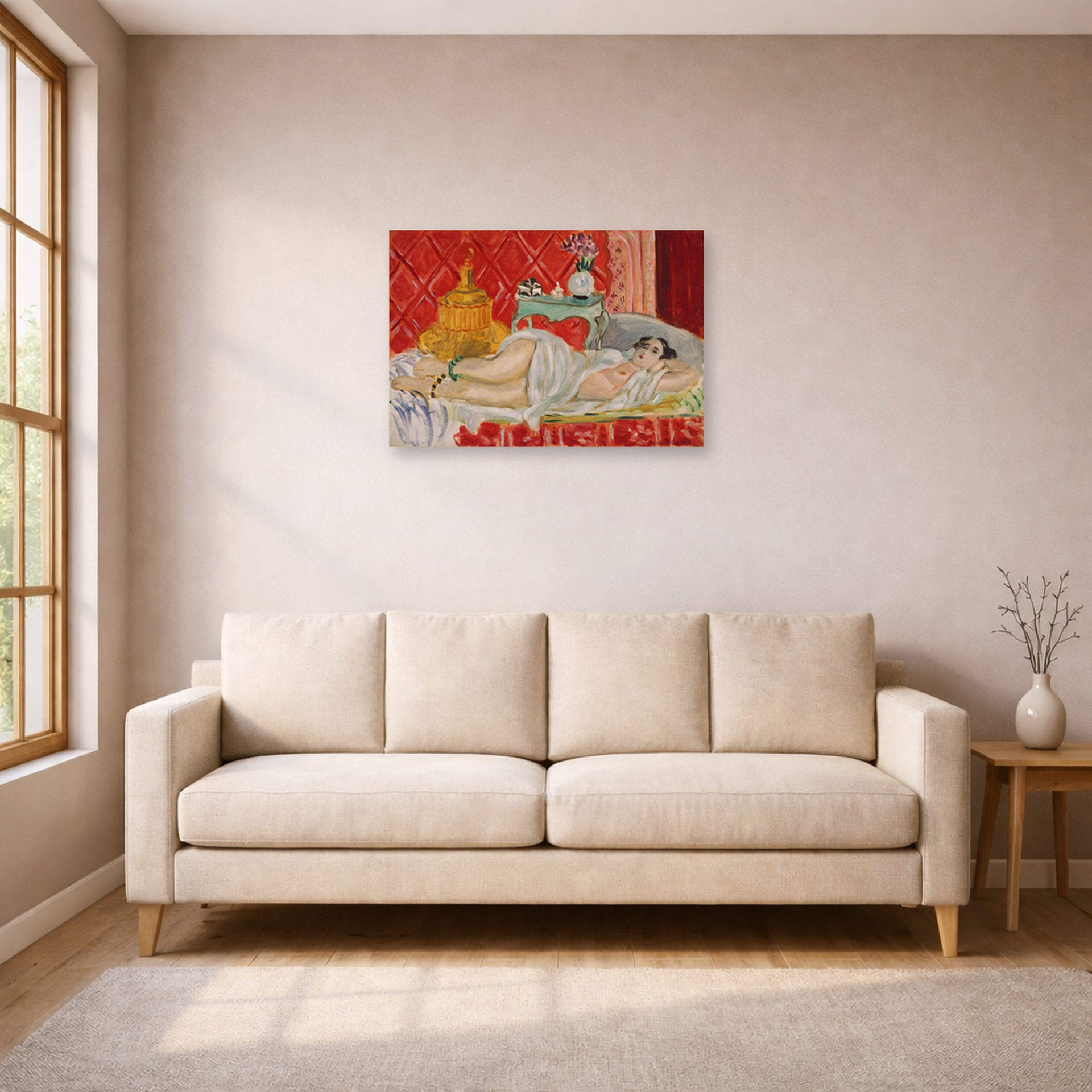 Unframed poster print of Henri Matisse's Odalisque, Harmony in Red displayed in a living room, view 1