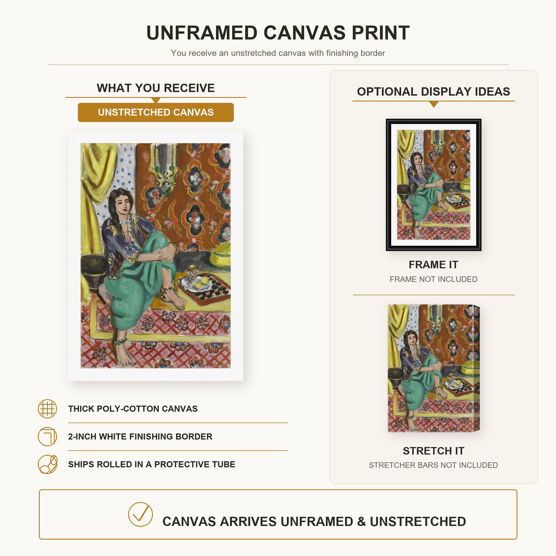 Henri Matisse - Odalisque Sitting With Board canvas print size comparison and framing display infographic