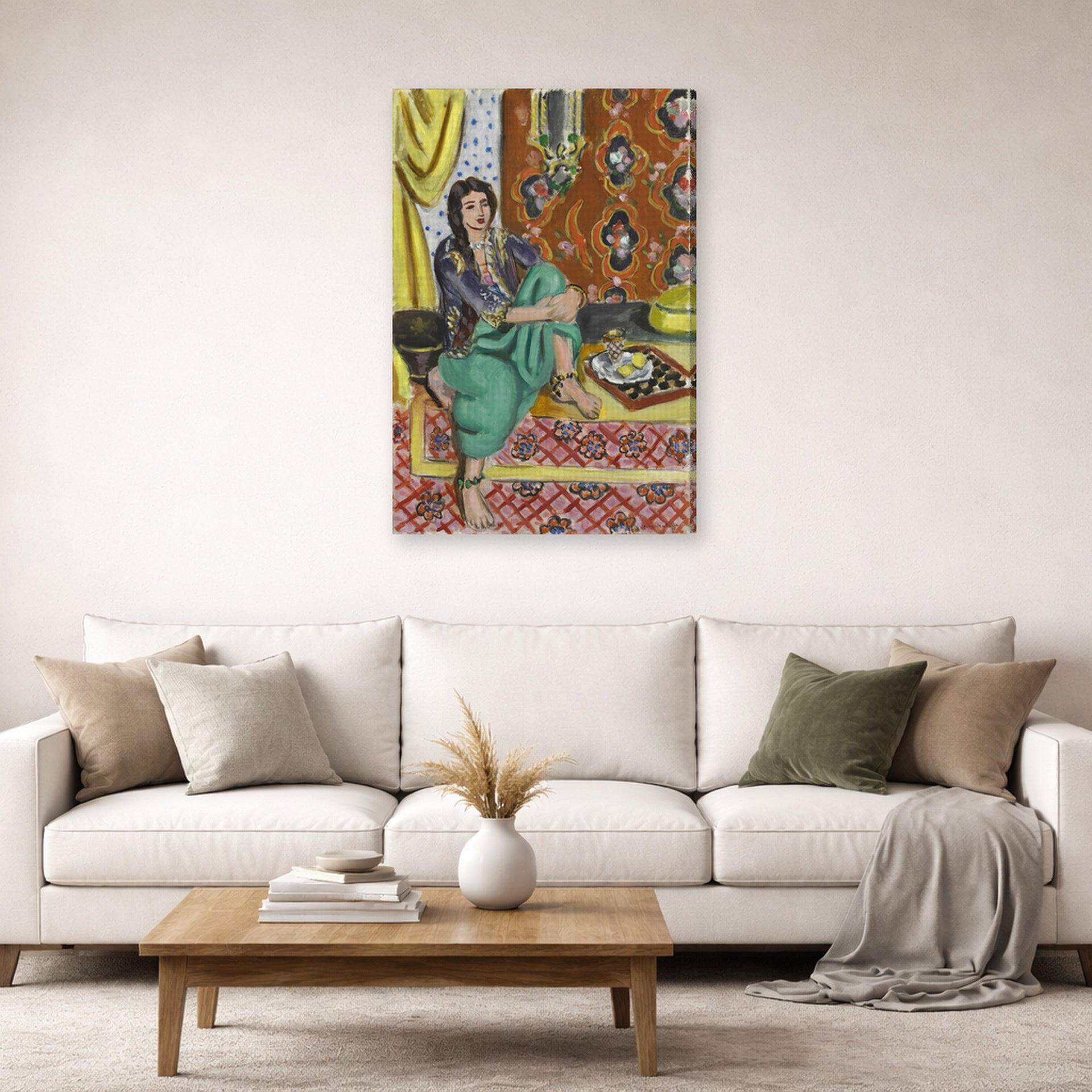 Gallery-wrapped canvas print of Henri Matisse's Odalisque Sitting With Board hanging in a living room, view 2