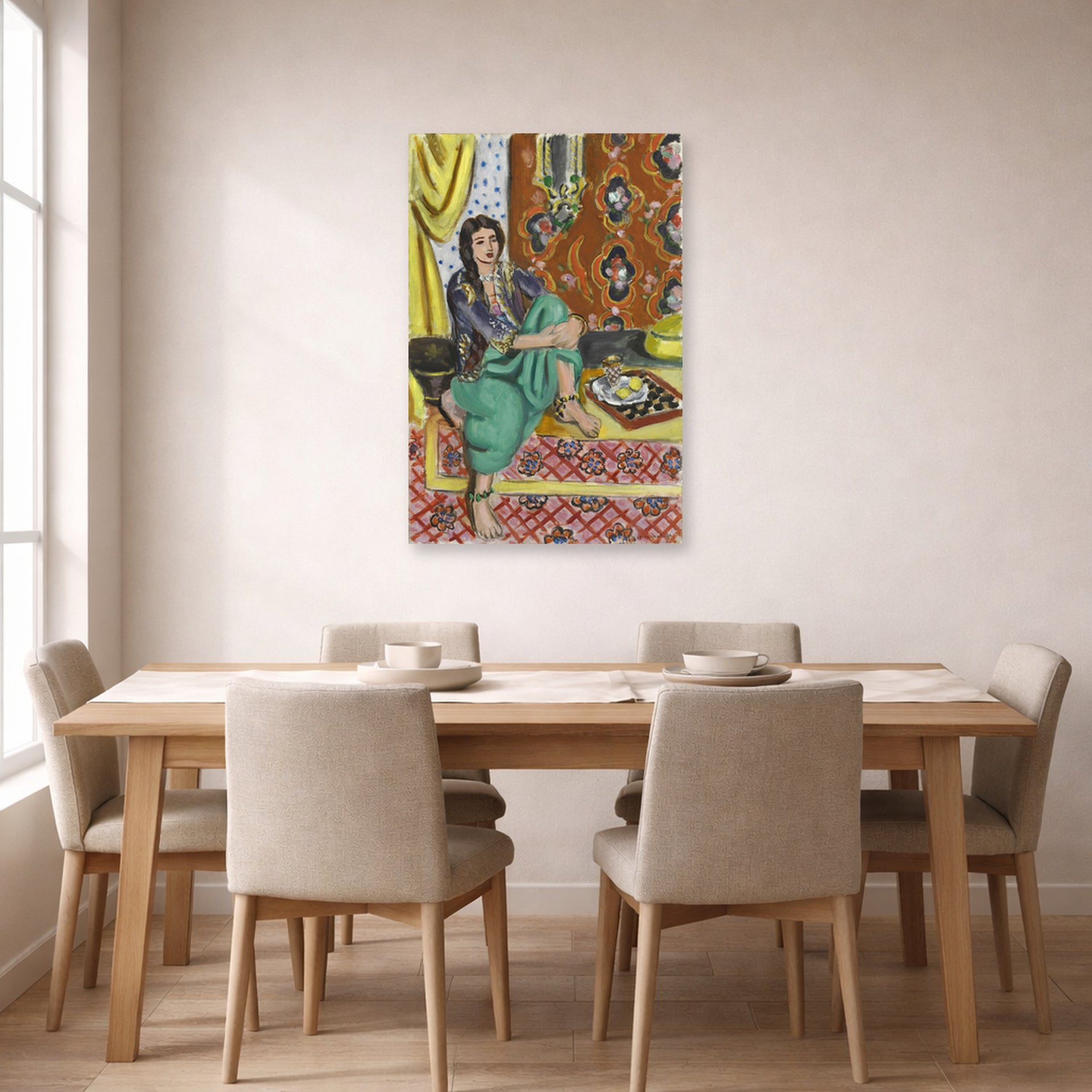 Unframed poster print of Henri Matisse's Odalisque Sitting With Board displayed on a dining room wall