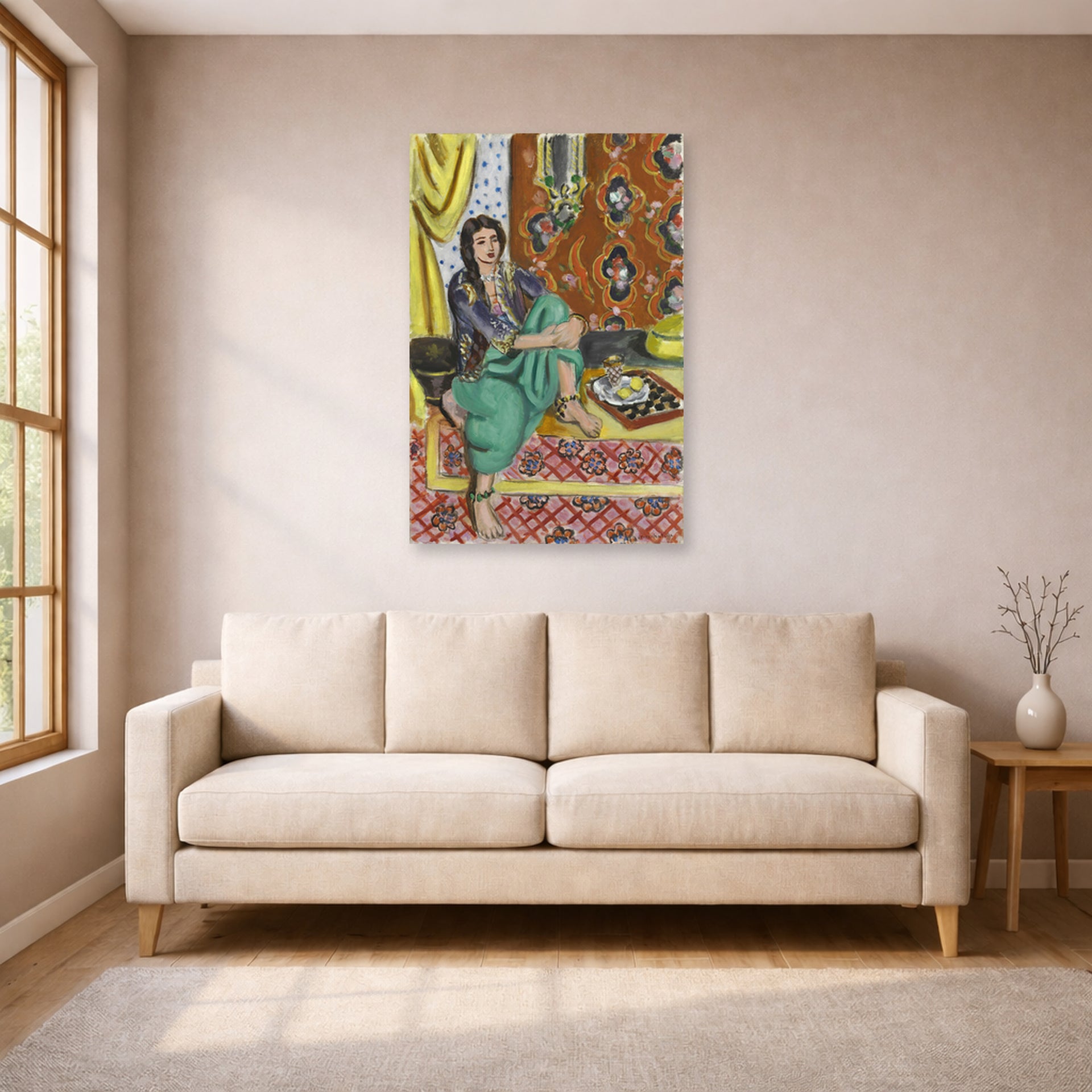 Unframed poster print of Henri Matisse's Odalisque Sitting With Board displayed in a living room, view 1