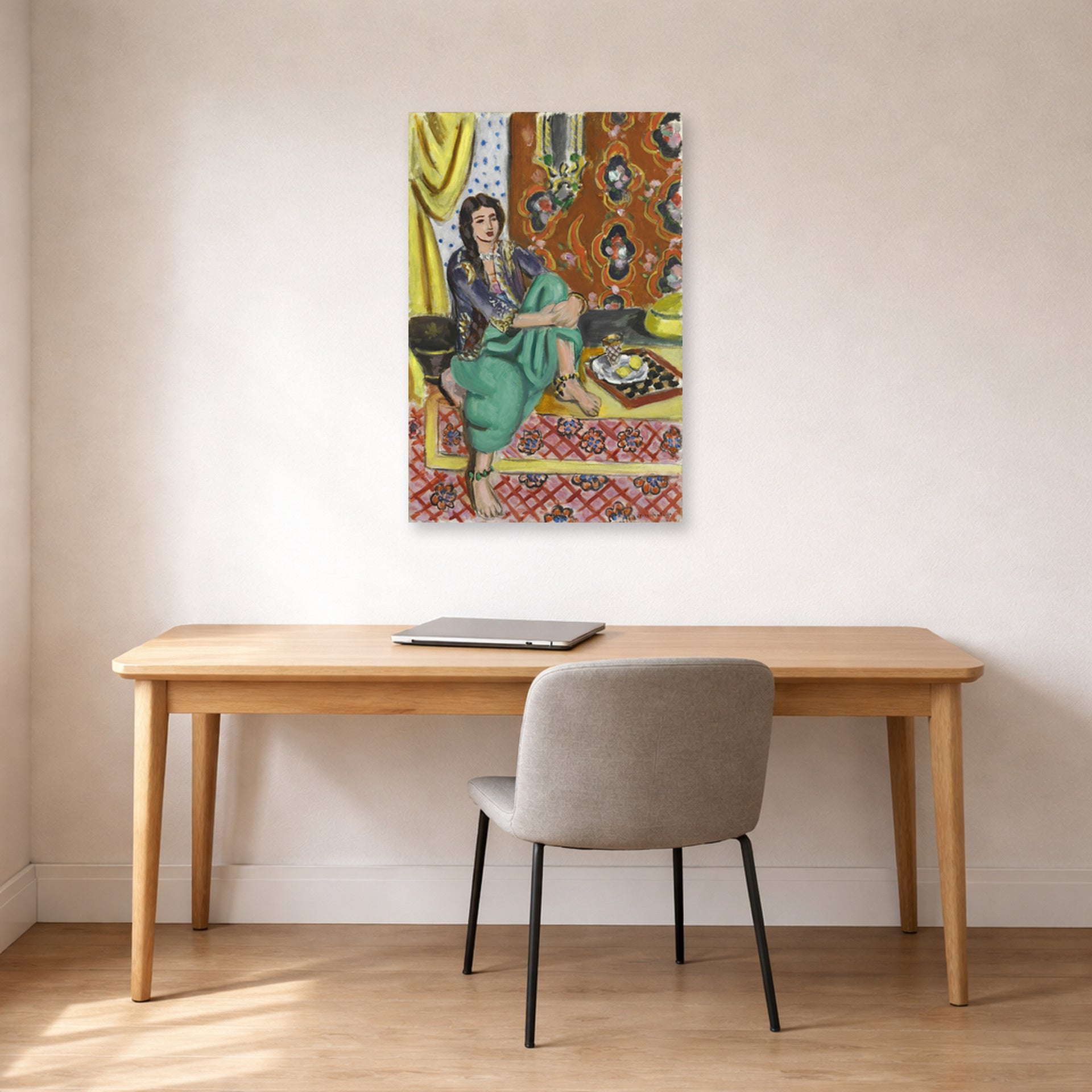 Unframed poster print of Henri Matisse's Odalisque Sitting With Board displayed in a home office