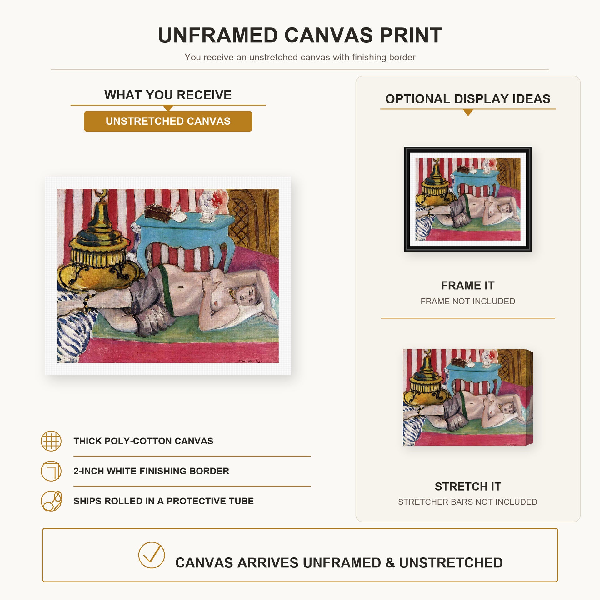 Henri Matisse - Odalisque with Green Scarf canvas print size comparison and framing display infographic
