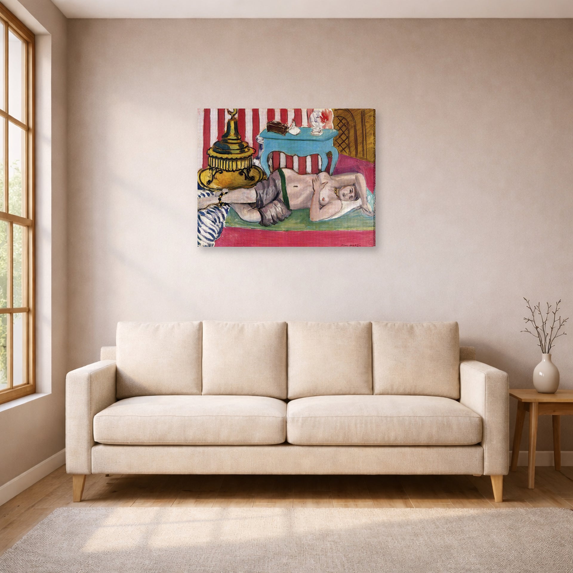 Gallery-wrapped canvas print of Henri Matisse's Odalisque with Green Scarf hanging in a living room, view 1