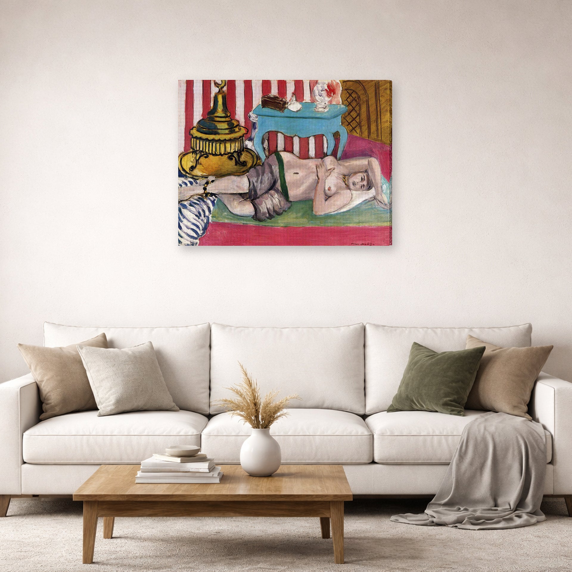 Gallery-wrapped canvas print of Henri Matisse's Odalisque with Green Scarf hanging in a living room, view 2