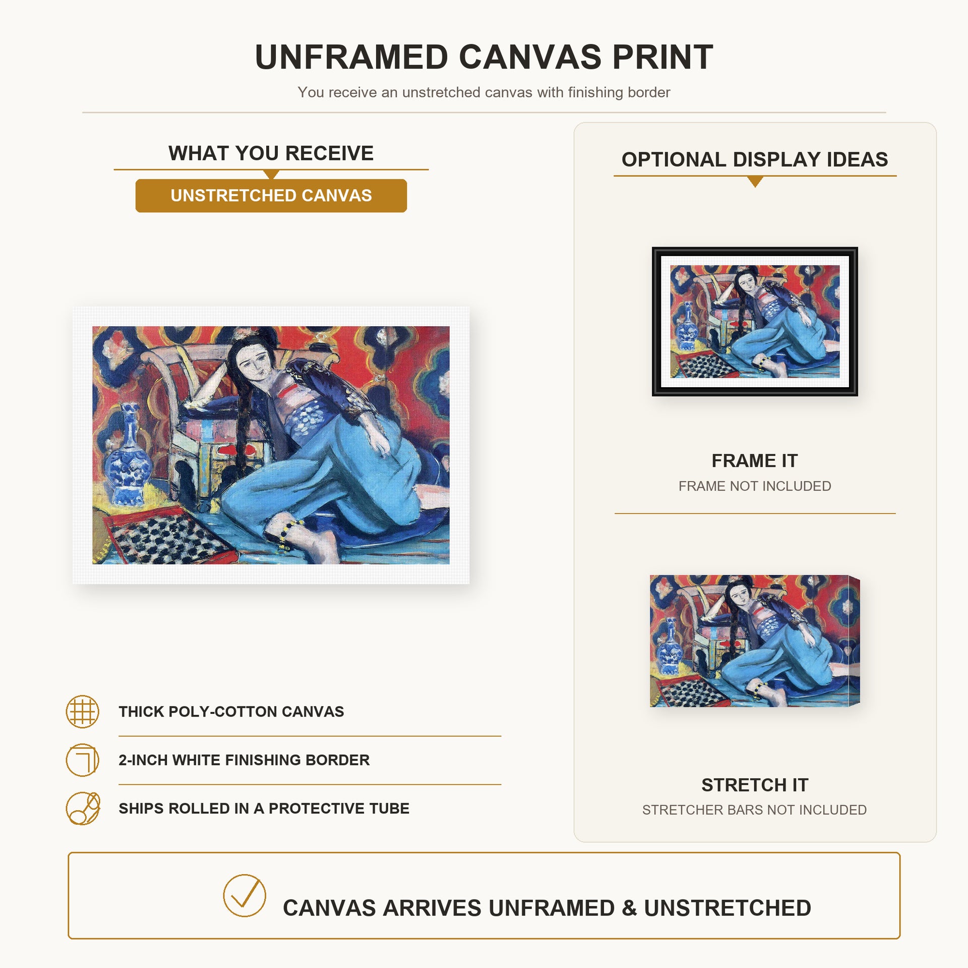 Henri Matisse - Odalisque with a Turkish Chair canvas print size comparison and framing display infographic