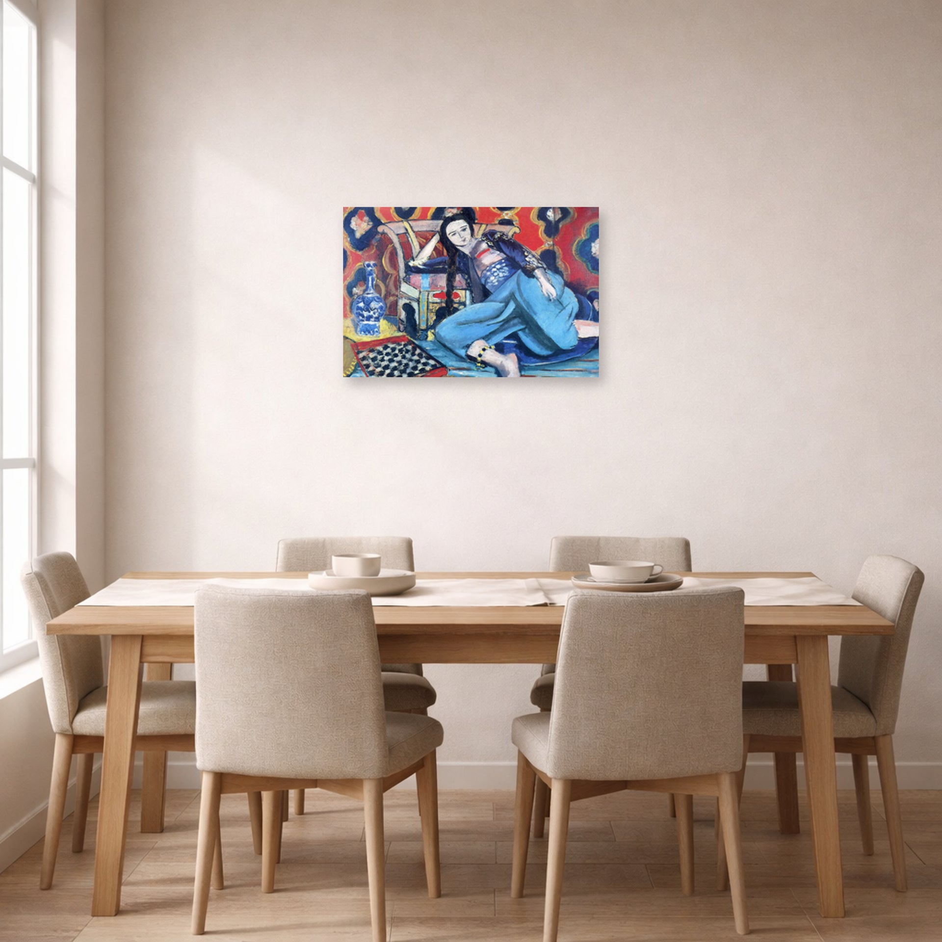 Unframed poster print of Henri Matisse's Odalisque with a Turkish Chair displayed on a dining room wall