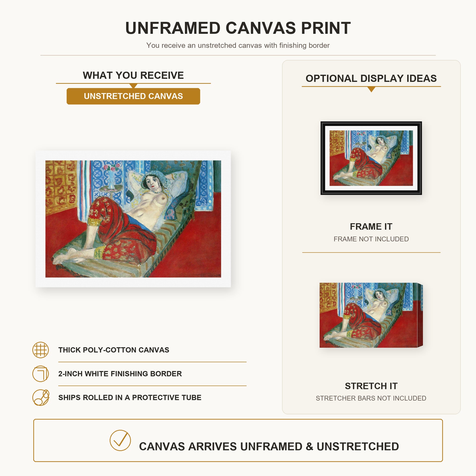 Henri Matisse - Odalisque in Red Culottes canvas print size comparison and framing display infographic