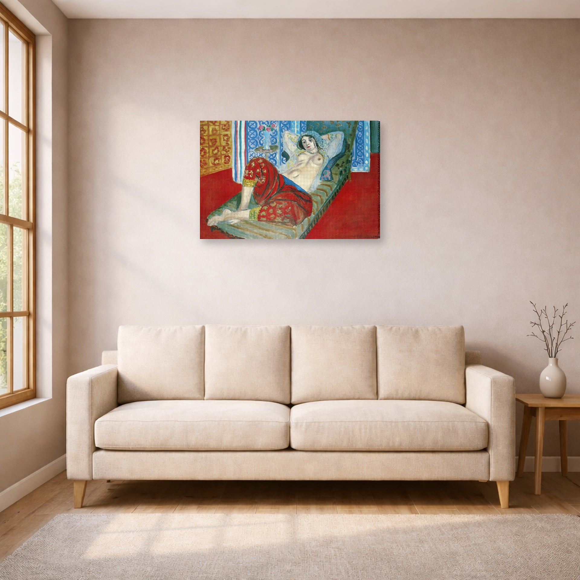 Gallery-wrapped canvas print of Henri Matisse's Odalisque in Red Culottes hanging in a living room, view 1