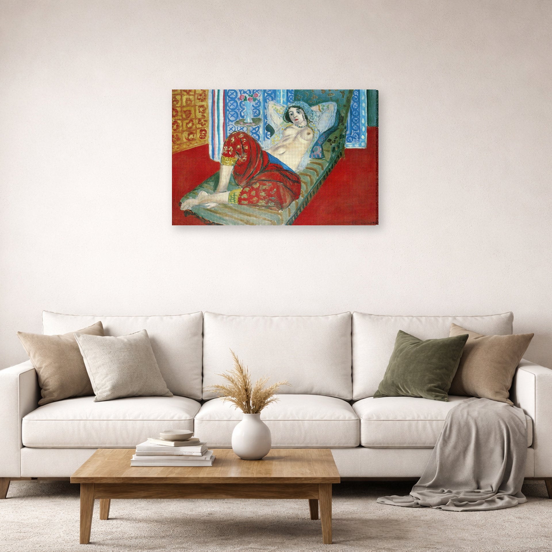 Gallery-wrapped canvas print of Henri Matisse's Odalisque in Red Culottes hanging in a living room, view 2