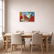 Unframed poster print of Henri Matisse's Odalisque in Red Culottes displayed on a dining room wall
