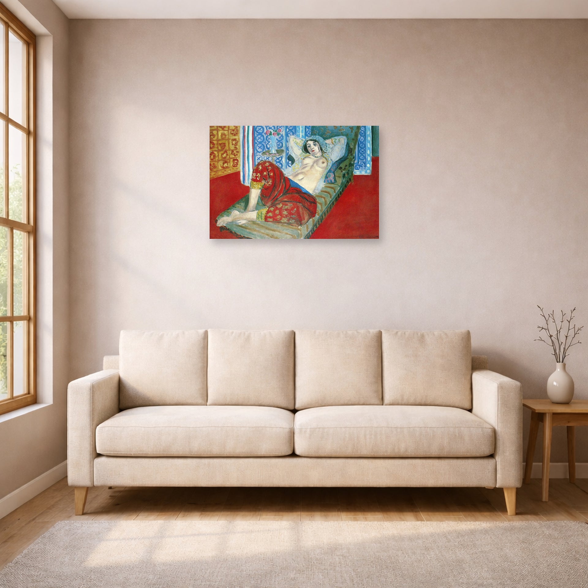 Unframed poster print of Henri Matisse's Odalisque in Red Culottes displayed in a living room, view 1