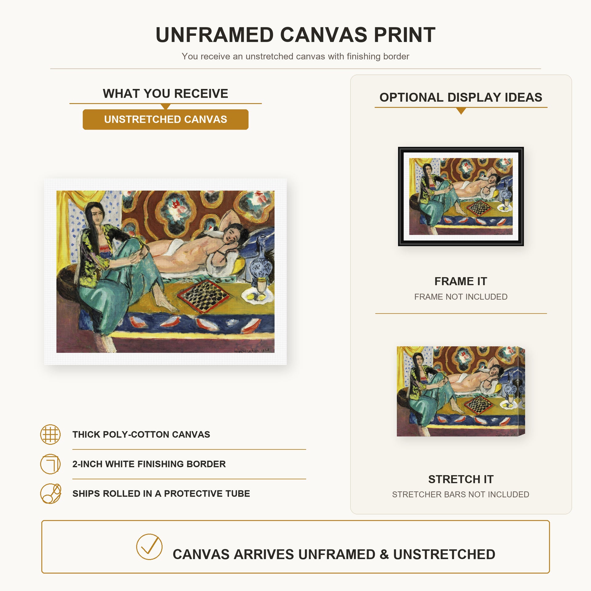 Henri Matisse - Odalisques jouant aux dames canvas print size comparison and framing display infographic