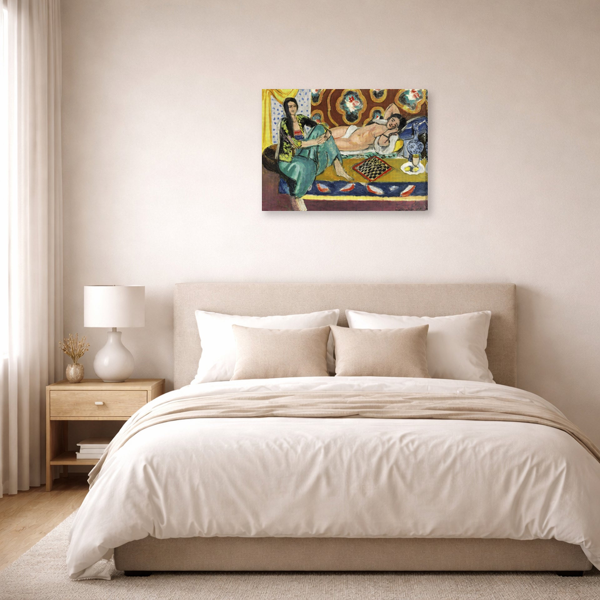 Gallery-wrapped canvas print of Henri Matisse's Odalisques jouant aux dames hanging above a bed in a bedroom