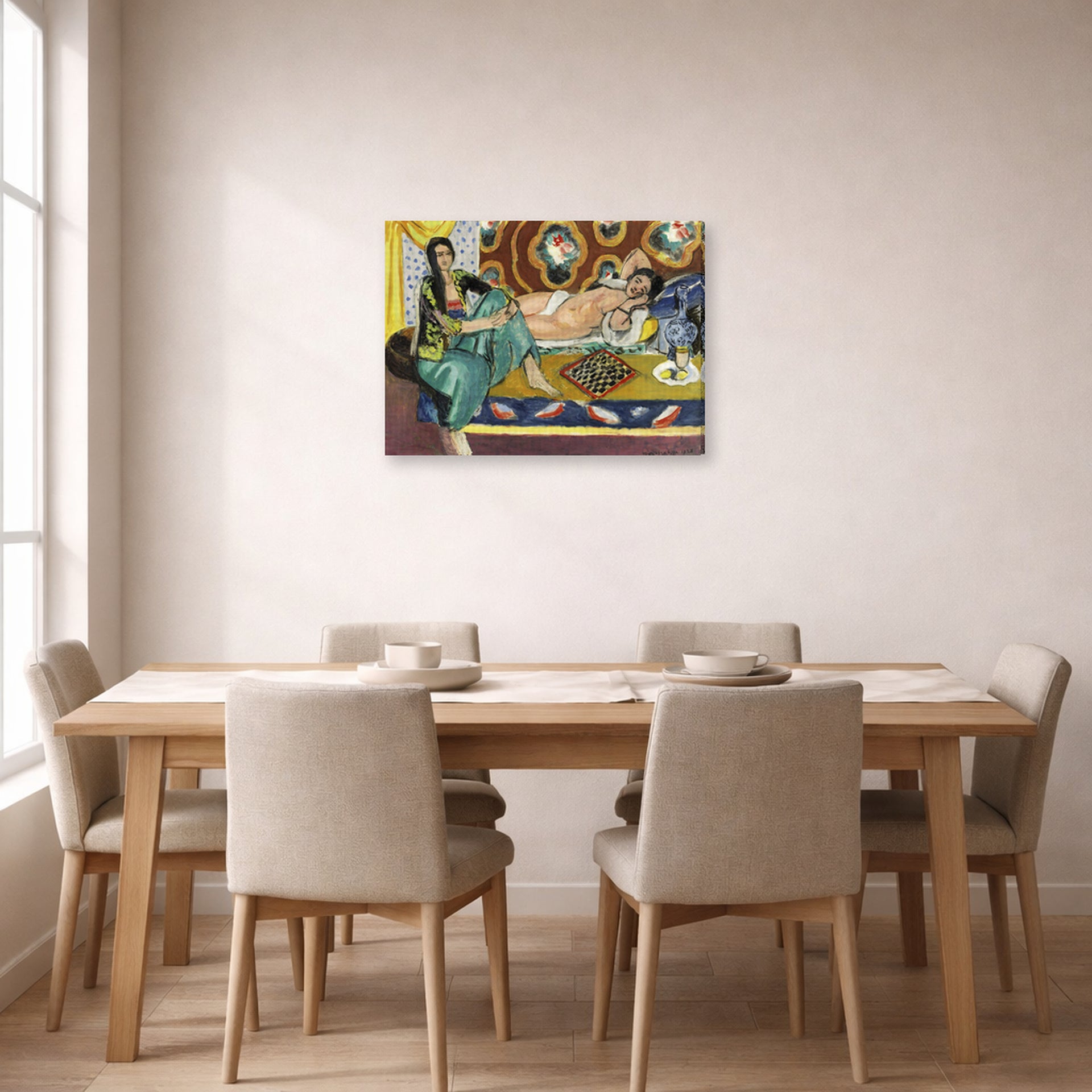 Gallery-wrapped canvas print of Henri Matisse's Odalisques jouant aux dames hanging on a dining room wall