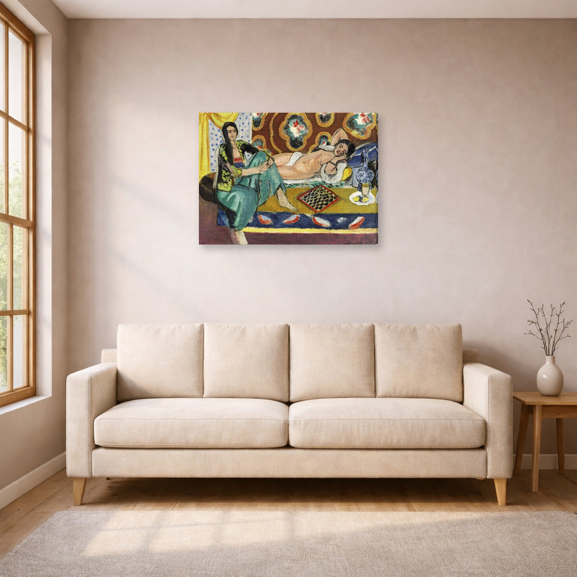 Gallery-wrapped canvas print of Henri Matisse's Odalisques jouant aux dames hanging in a living room, view 1