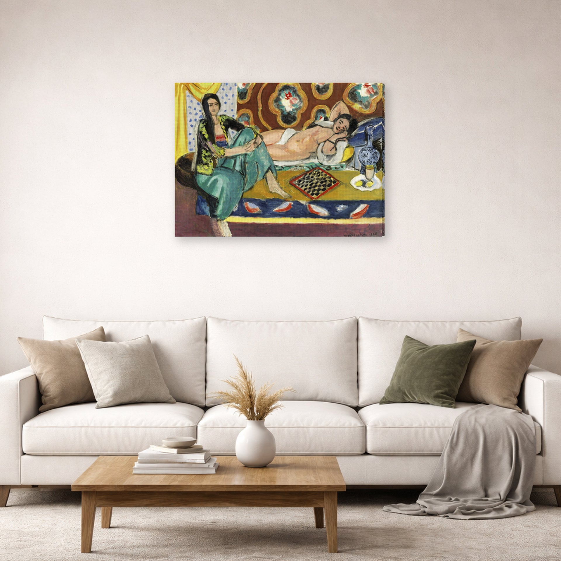 Gallery-wrapped canvas print of Henri Matisse's Odalisques jouant aux dames hanging in a living room, view 2
