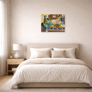 Unframed poster print of Henri Matisse's Odalisques jouant aux dames displayed above a bed in a bedroom