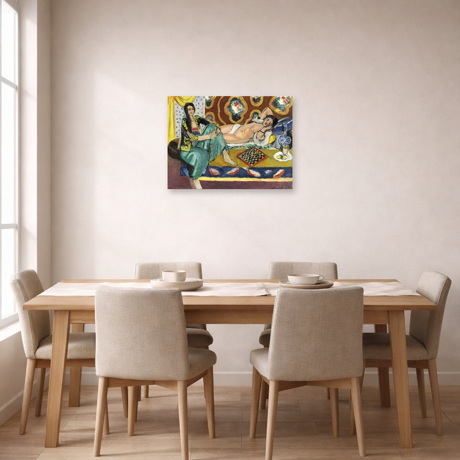 Unframed poster print of Henri Matisse's Odalisques jouant aux dames displayed on a dining room wall