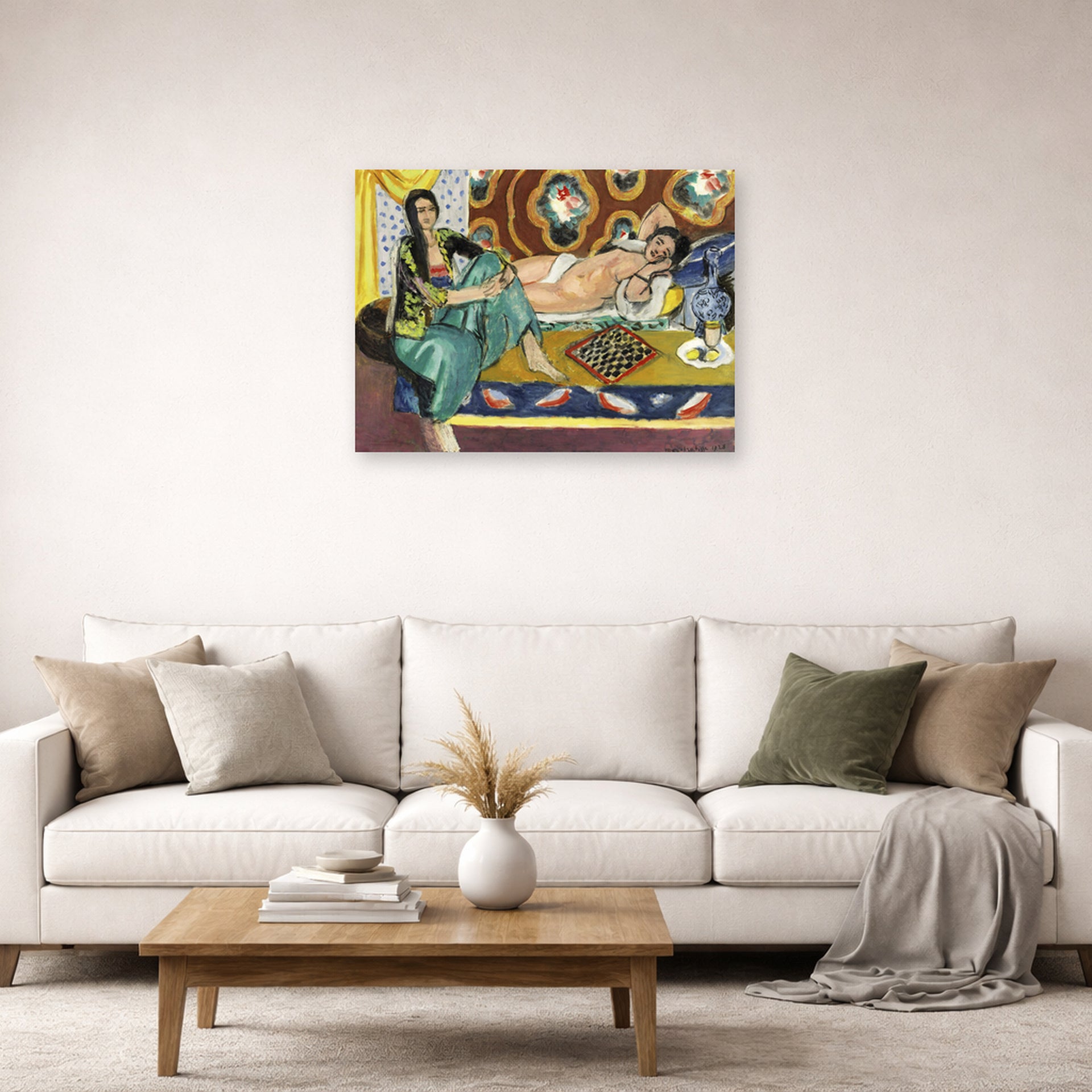 Unframed poster print of Henri Matisse's Odalisques jouant aux dames displayed in a living room, view 2