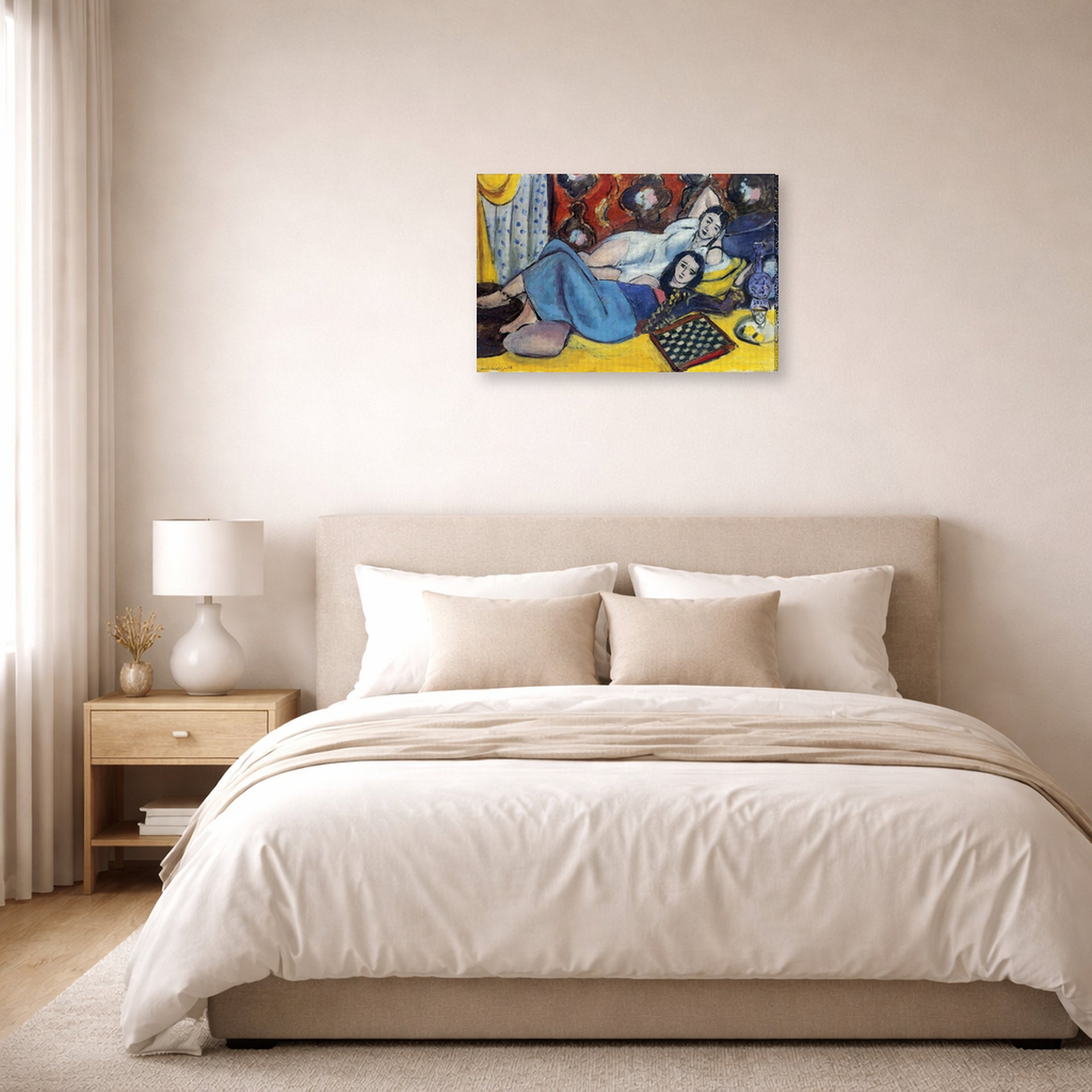 Gallery-wrapped canvas print of Henri Matisse's Odalisques hanging above a bed in a bedroom