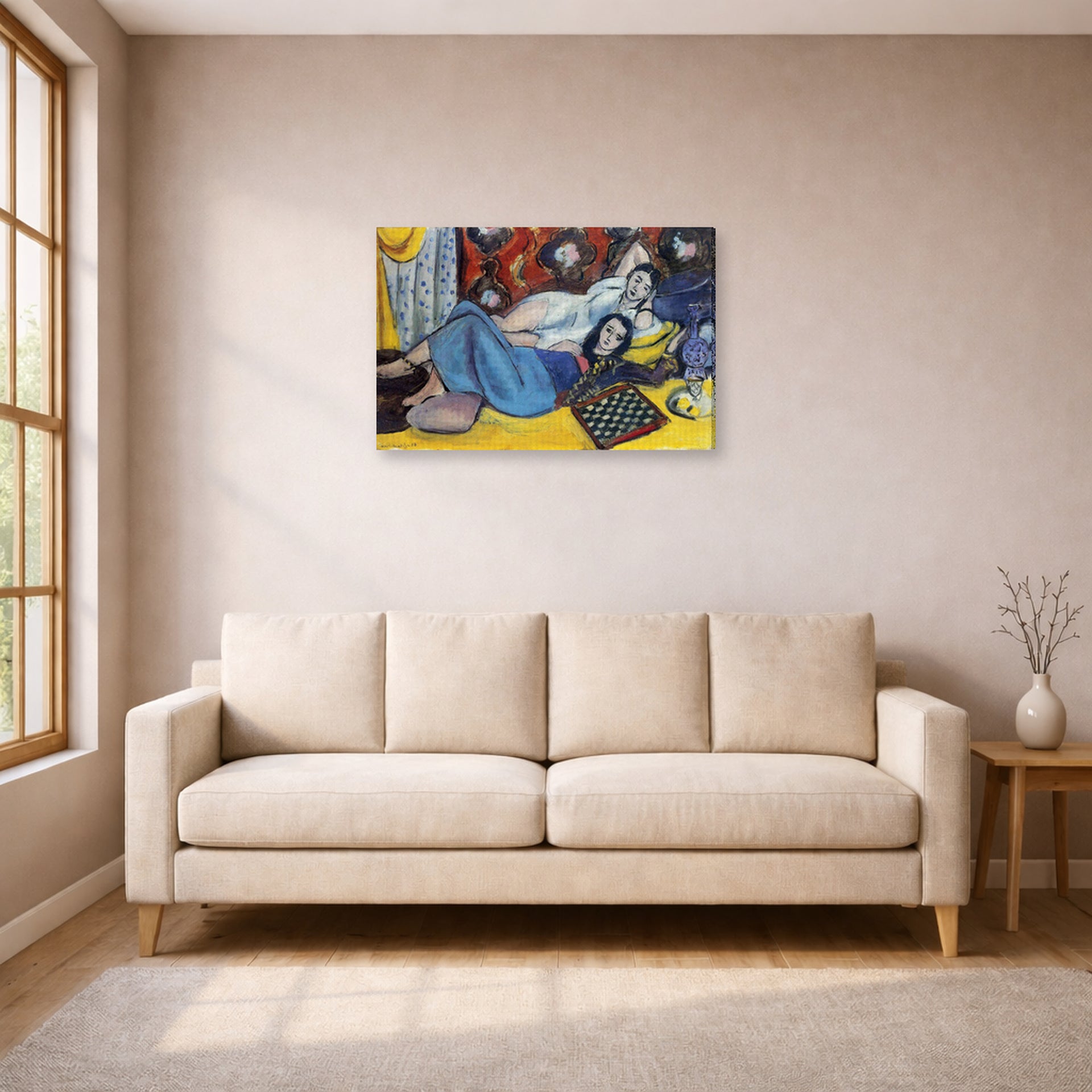 Gallery-wrapped canvas print of Henri Matisse's Odalisques hanging in a living room, view 1