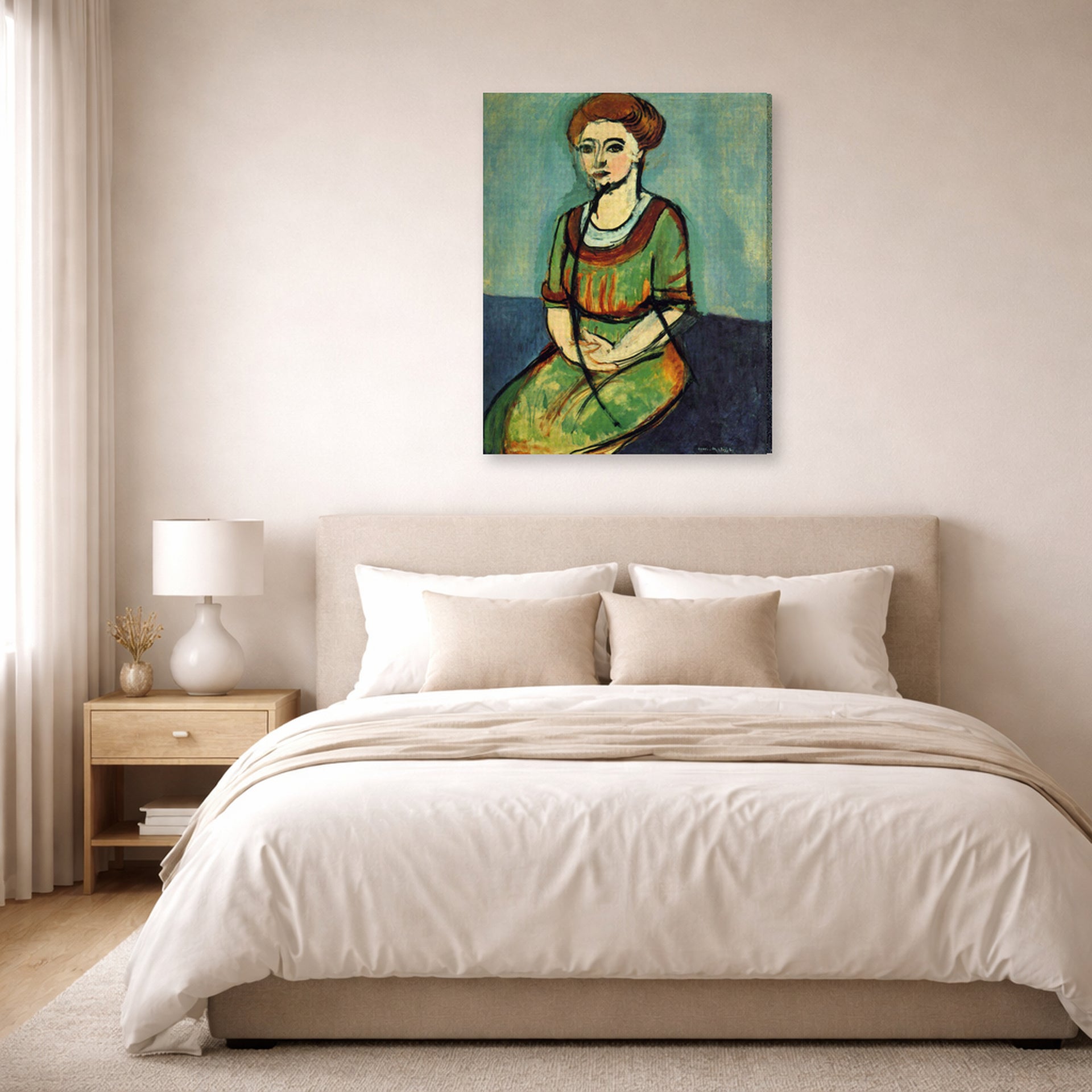 Gallery-wrapped canvas print of Henri Matisse's Olga Merson hanging above a bed in a bedroom