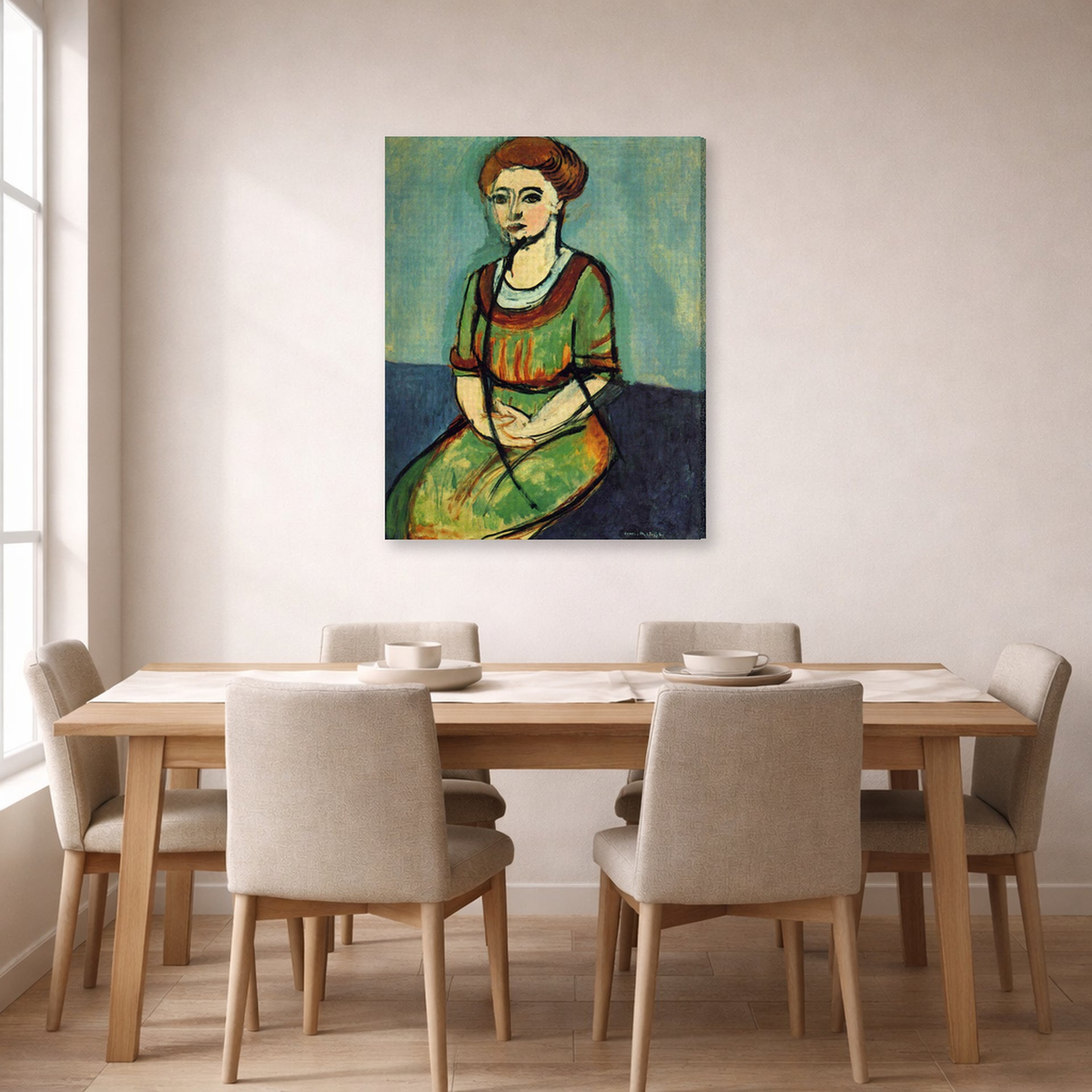 Gallery-wrapped canvas print of Henri Matisse's Olga Merson hanging on a dining room wall