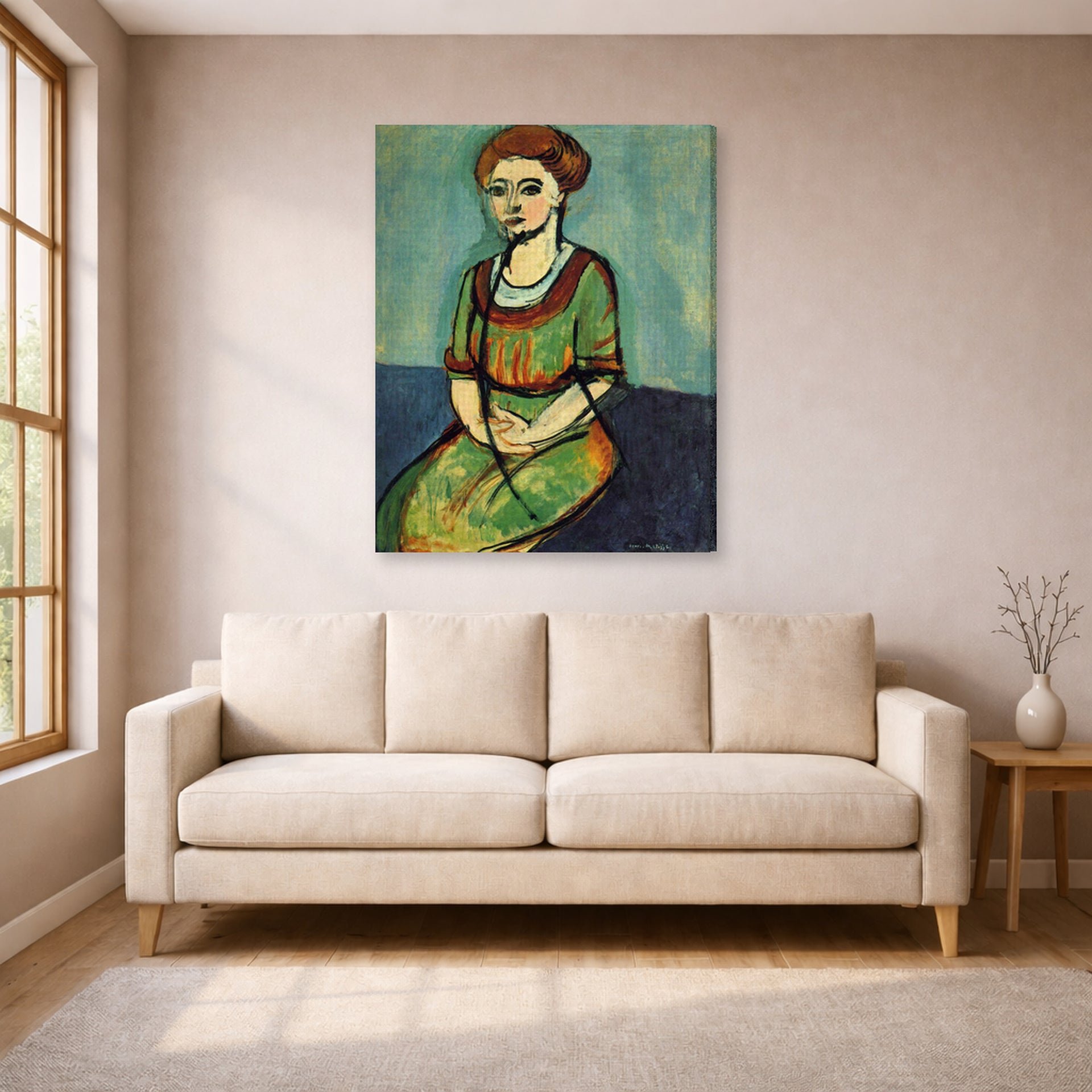 Gallery-wrapped canvas print of Henri Matisse's Olga Merson hanging in a living room, view 1