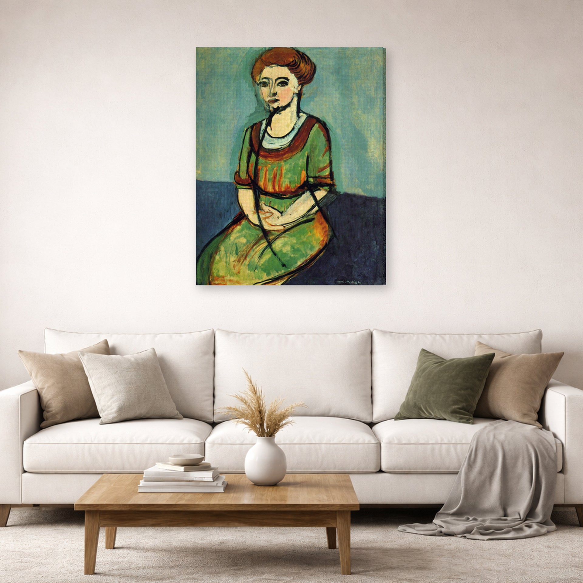 Gallery-wrapped canvas print of Henri Matisse's Olga Merson hanging in a living room, view 2