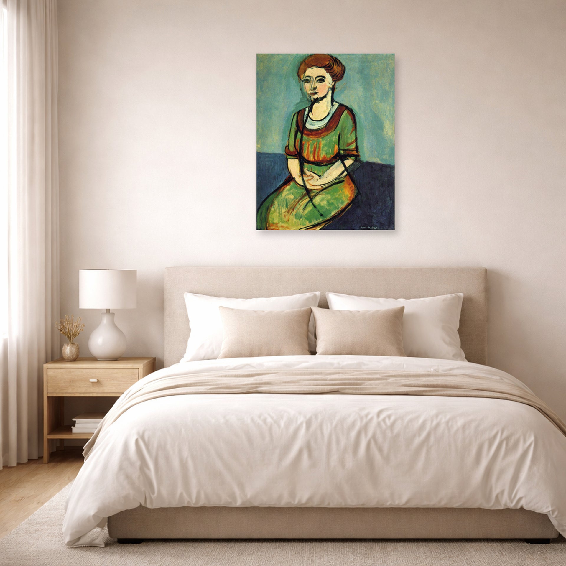 Unframed poster print of Henri Matisse's Olga Merson displayed above a bed in a bedroom