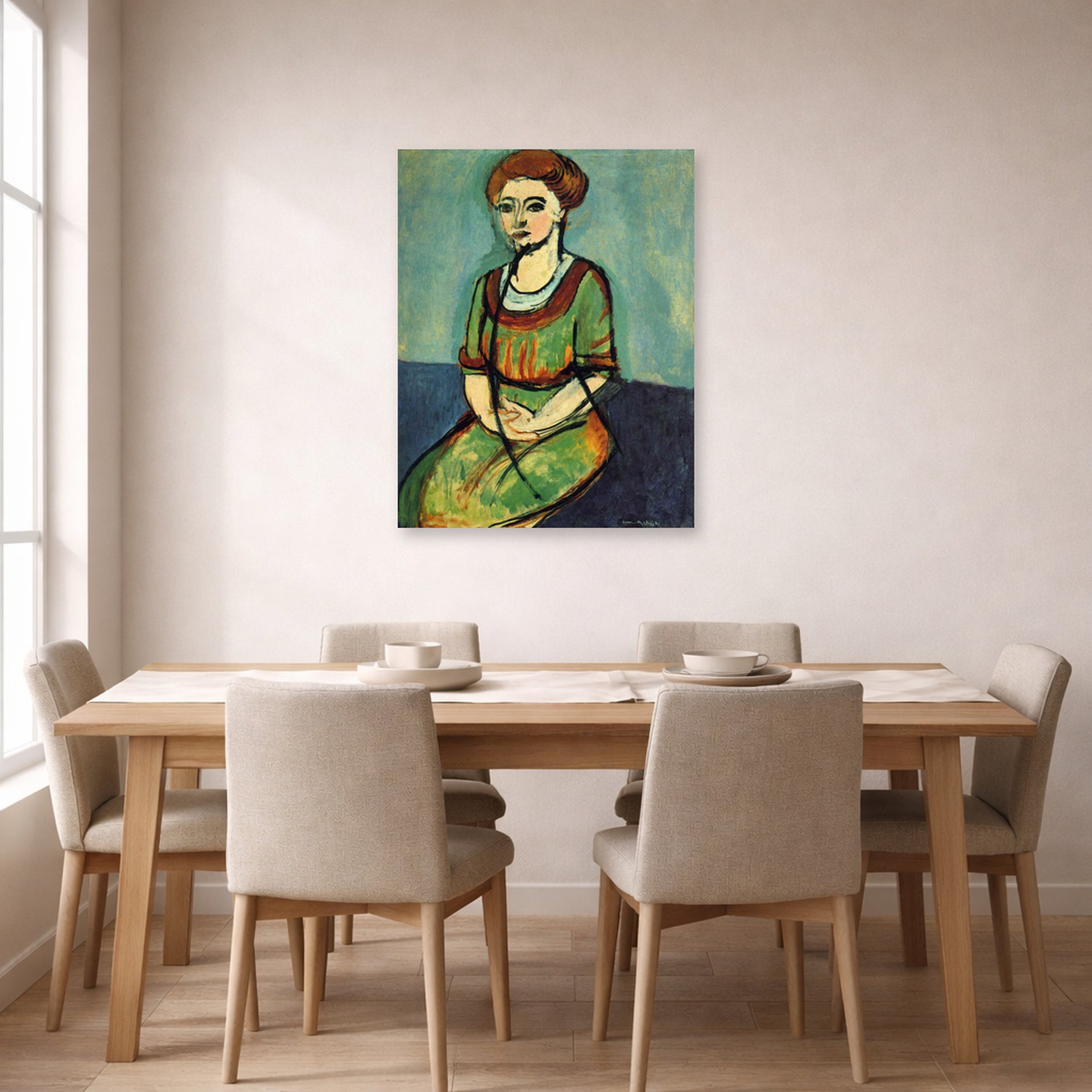Unframed poster print of Henri Matisse's Olga Merson displayed on a dining room wall