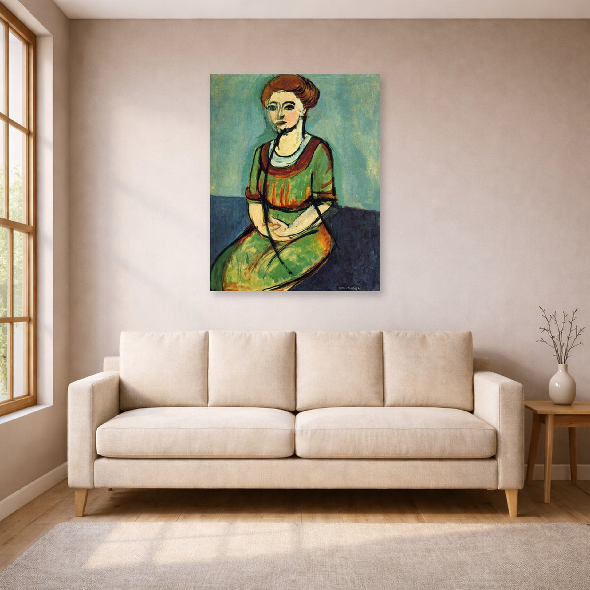 Unframed poster print of Henri Matisse's Olga Merson displayed in a living room, view 1