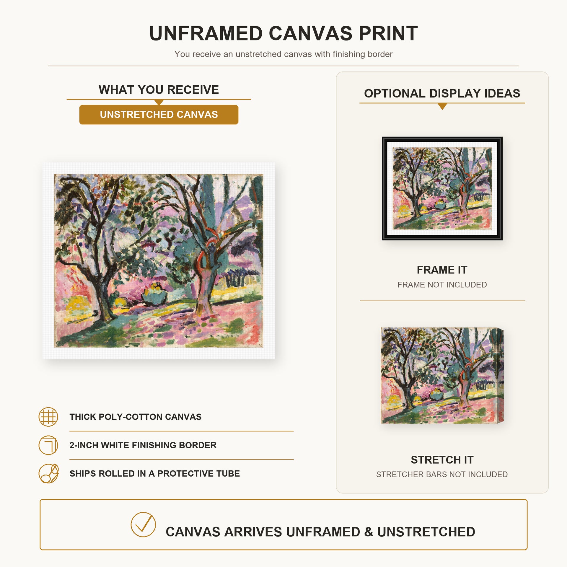 Henri Matisse - Olive Trees at Collioure canvas print size comparison and framing display infographic