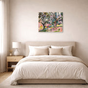 Gallery-wrapped canvas print of Henri Matisse's Olive Trees at Collioure hanging above a bed in a bedroom